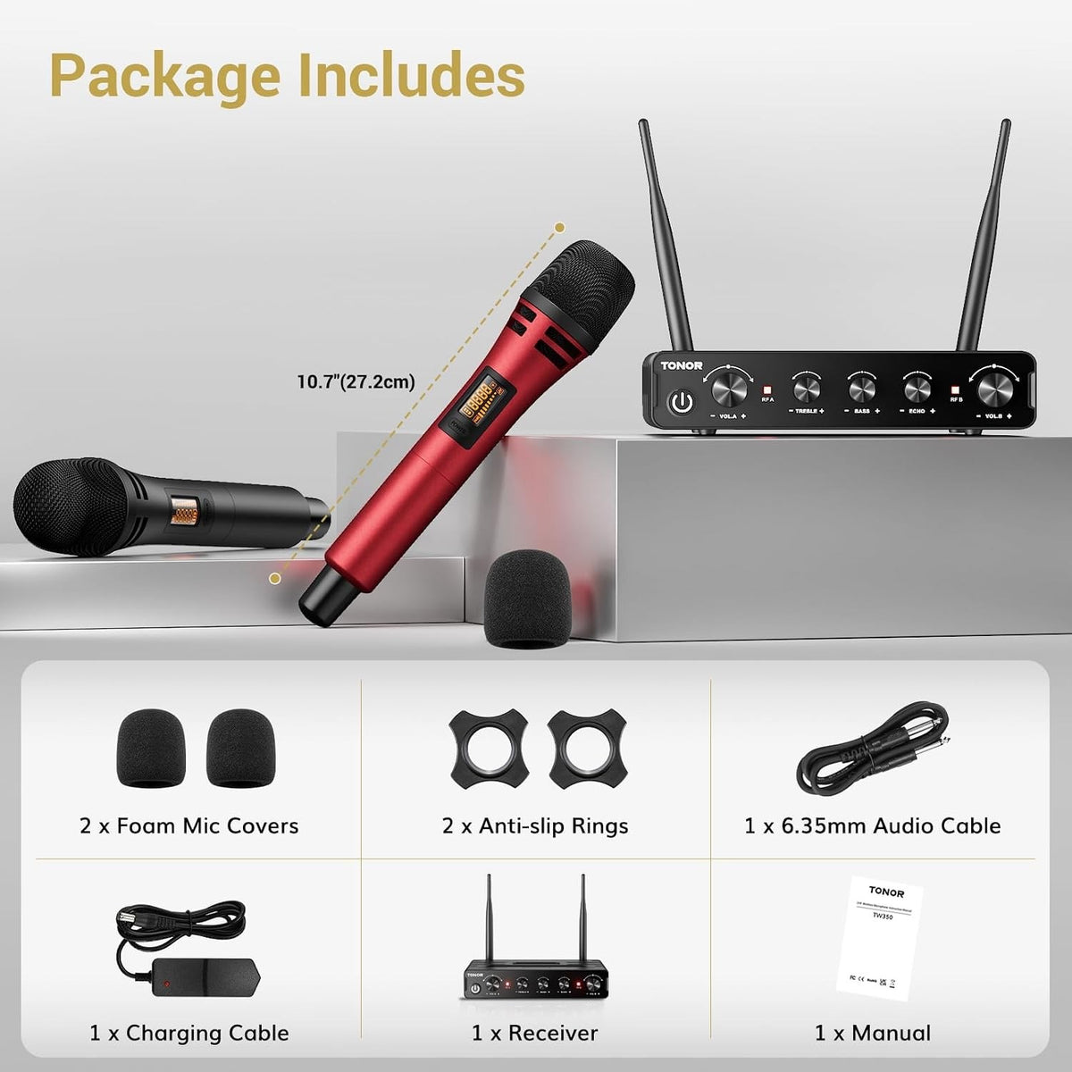 Wireless Microphones UHF Dual Handheld Karaoke Mics Receiver 60m Set Black Red