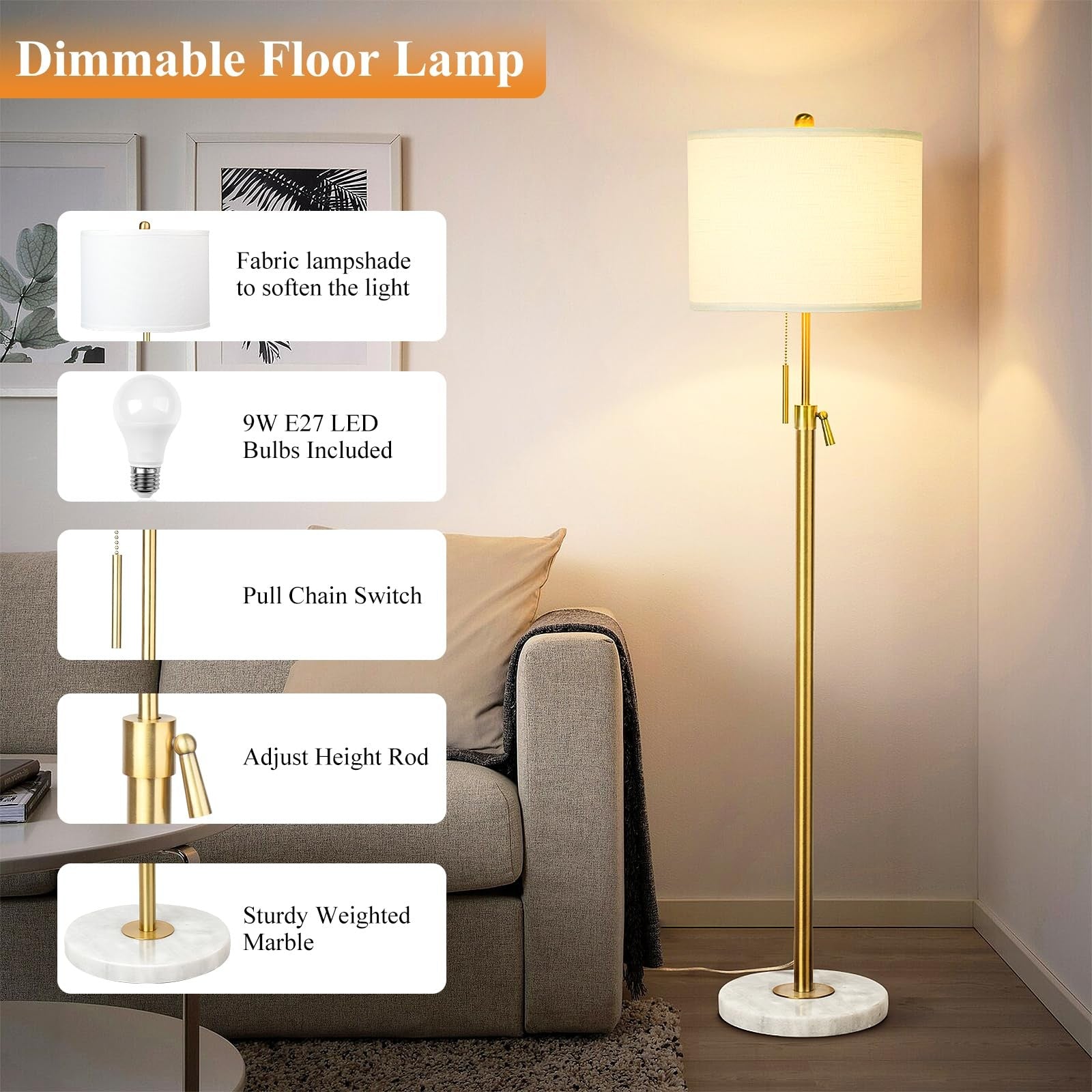 Gold Floor Lamp Living Room Modern Floor Standing with Lampshade 3 Colours
