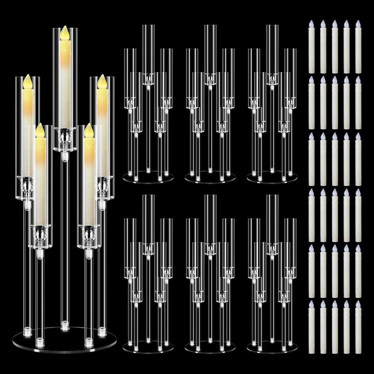 Candelabra Candle Holders 6 Sets 5 Arm Clear Acrylic 68cm Wedding LED Candles