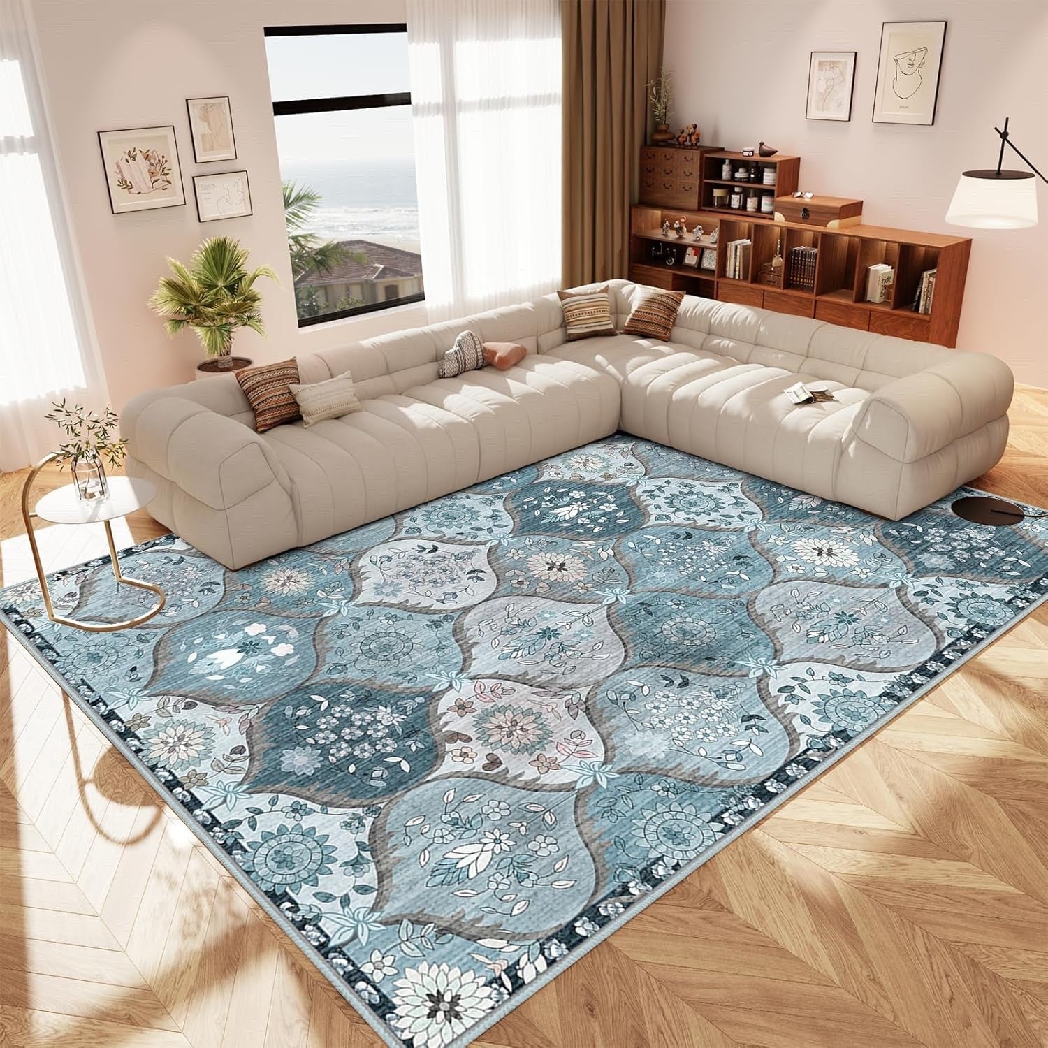 Washable Vintage Rug Large Blue Floral Non Slip Living Room Carpet 200x300cm