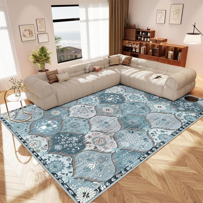 Washable Vintage Rug Large Blue Floral Non Slip Living Room Carpet 200x300cm