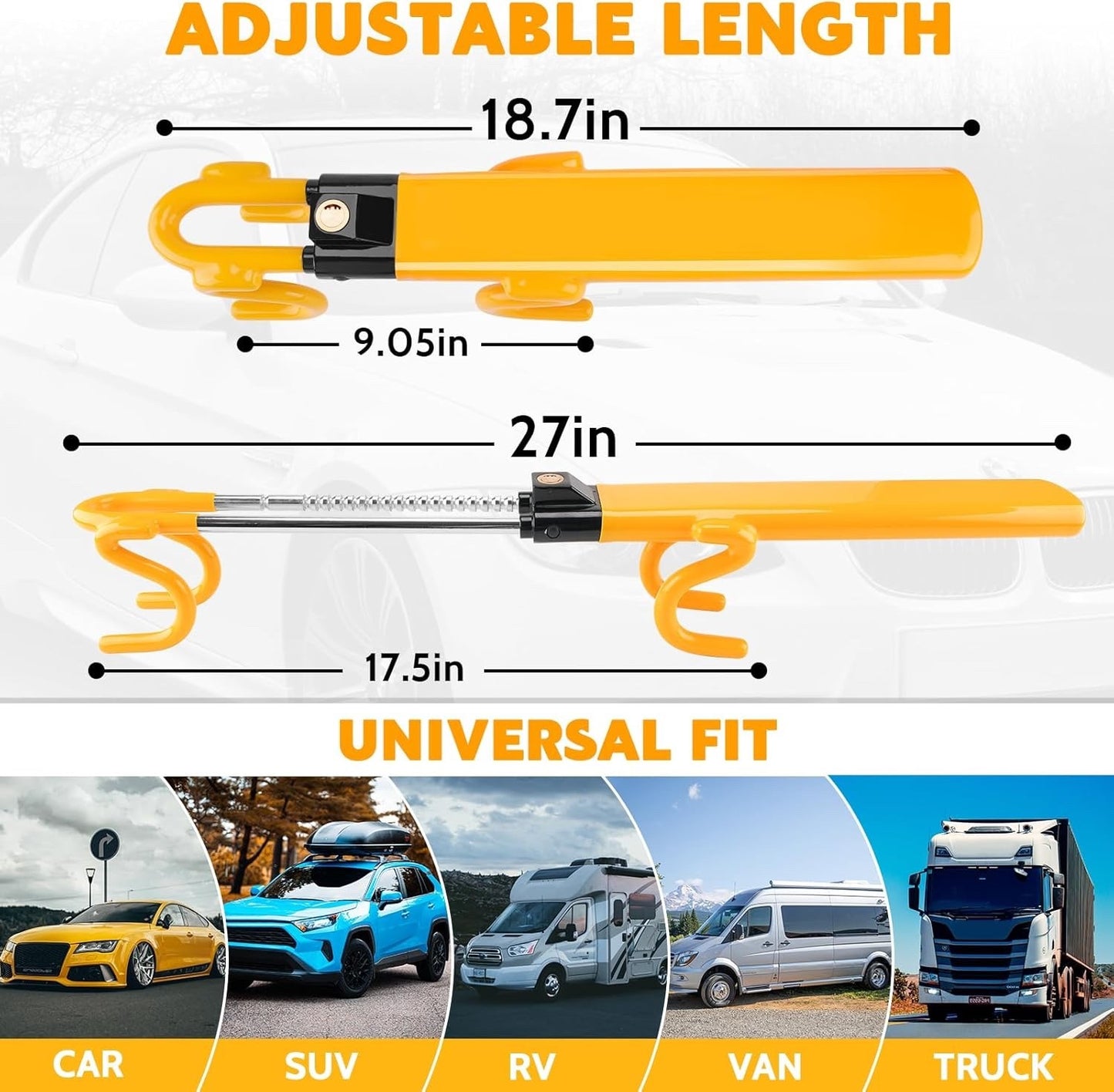 Heavy Duty Steering Wheel Lock Twin Bar Anti Theft Adjustable Universal 3 Keys