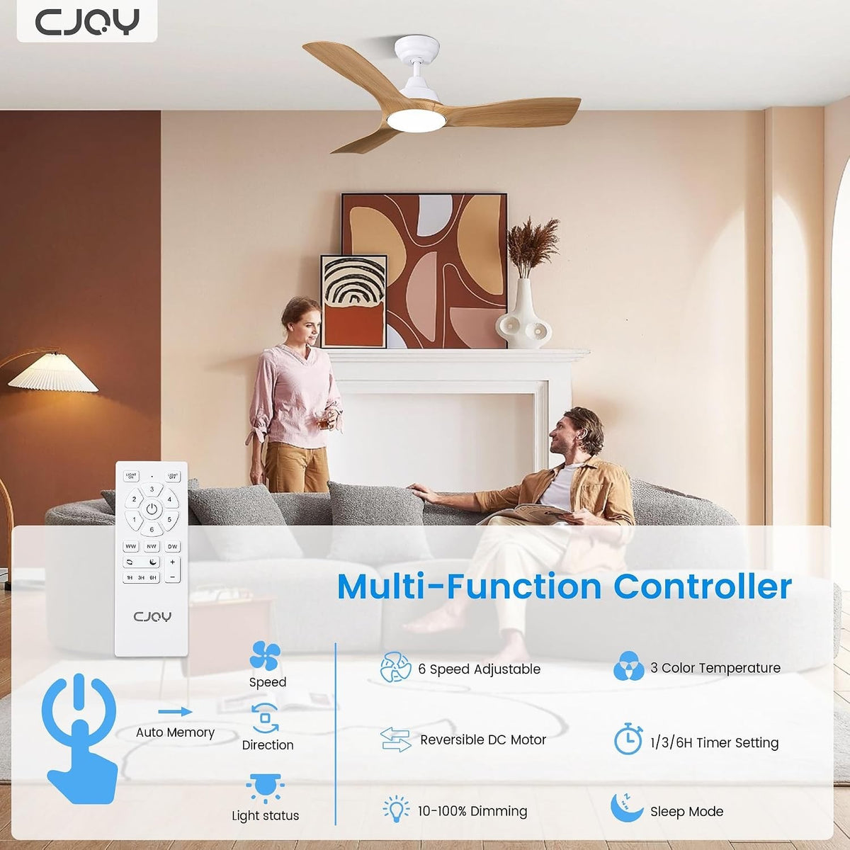 Ceiling Fan Light Remote Control 42 Inch Woodgrain LED Dimmable Reversible Motor