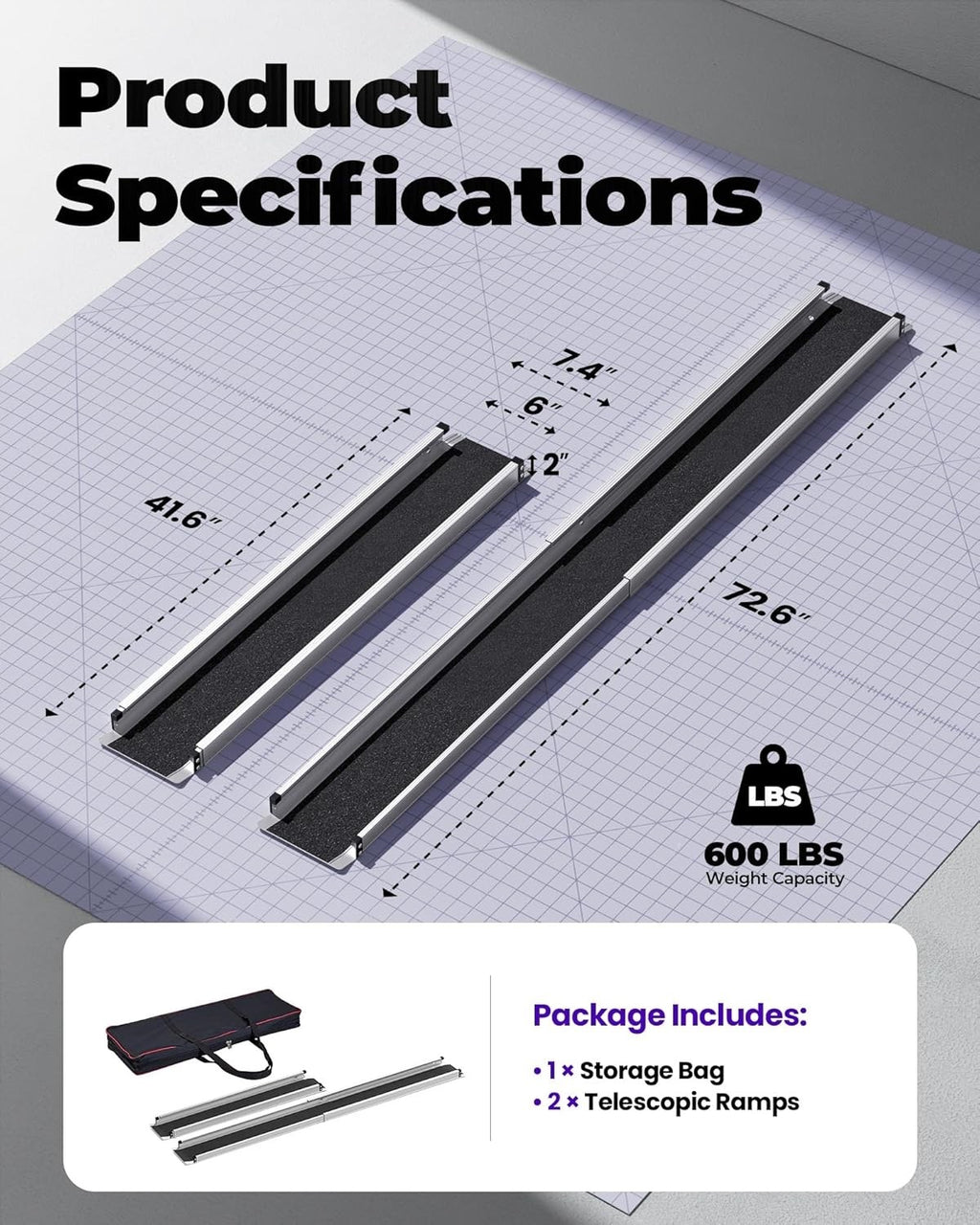 6FT Telescopic Wheelchair Ramp 600LB Aluminum Portable Mobility 2 Pack