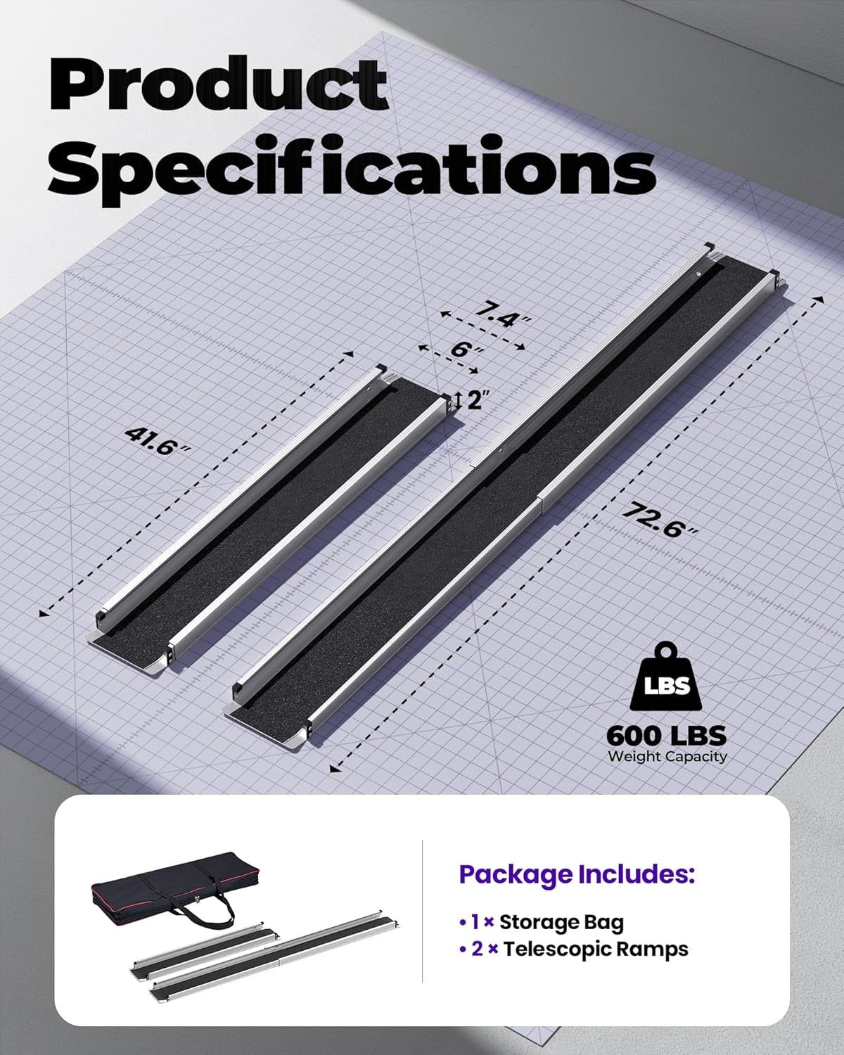 6FT Telescopic Wheelchair Ramp 600LB Aluminum Portable Mobility 2 Pack