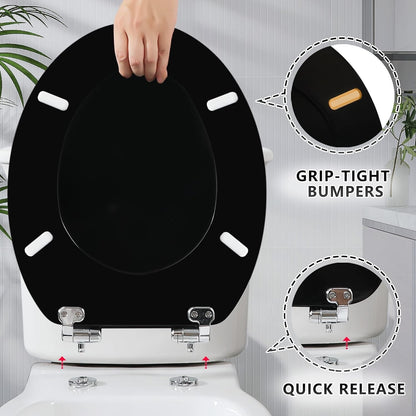 Toilet Seat Soft Close Black Wooden Oval Adjustable Hinges Quick Release 45x37cm