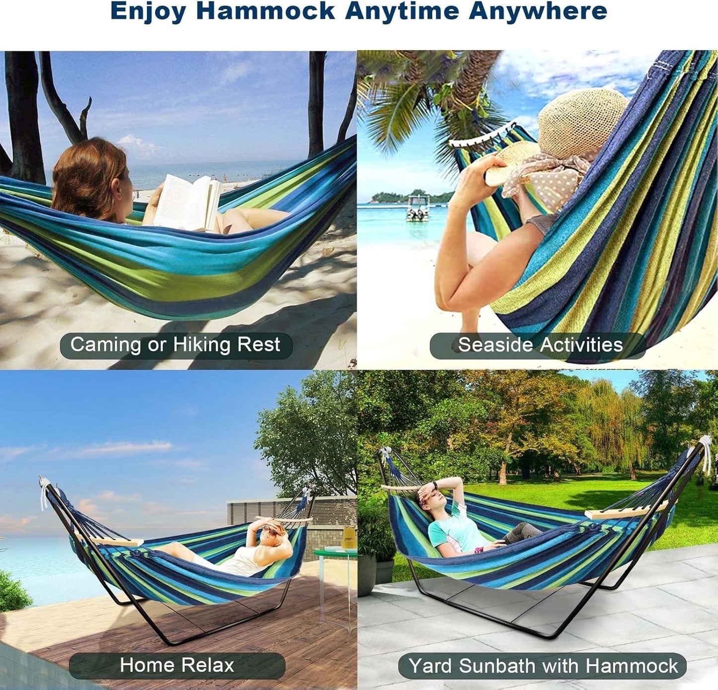 Double Cotton Hammock Stand Adjustable Steel Frame Blue 2 Person Carry Bag Set