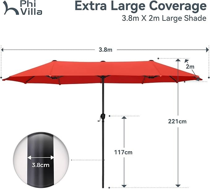 Double Garden Parasol Umbrella 2x3.8m Patio Outdoor Waterproof Crank Orange Red