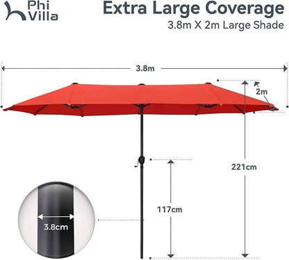 Double Garden Parasol Umbrella 2x3.8m Patio Outdoor Waterproof Crank Orange Red