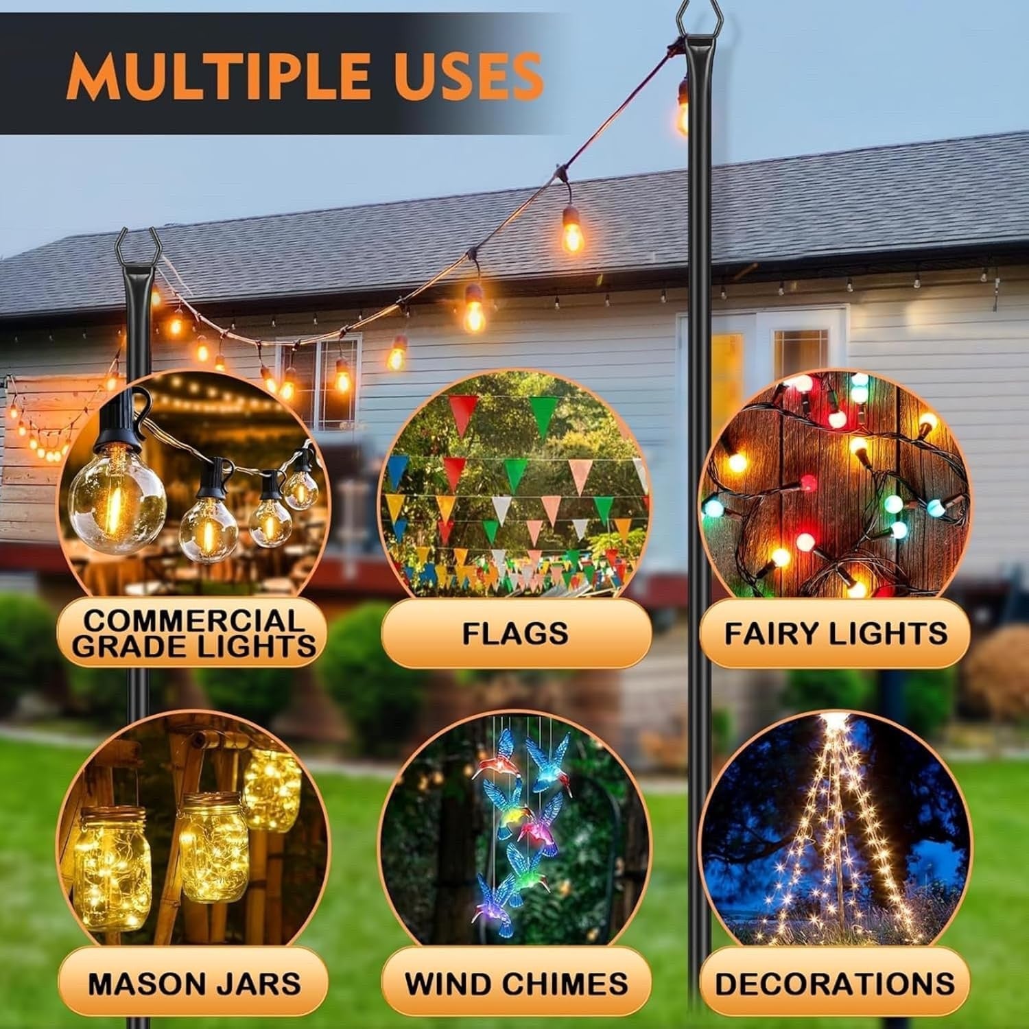 String Light Poles Outdoor 2 Pack 9.8FT Steel Garden Patio Deck Stand Black