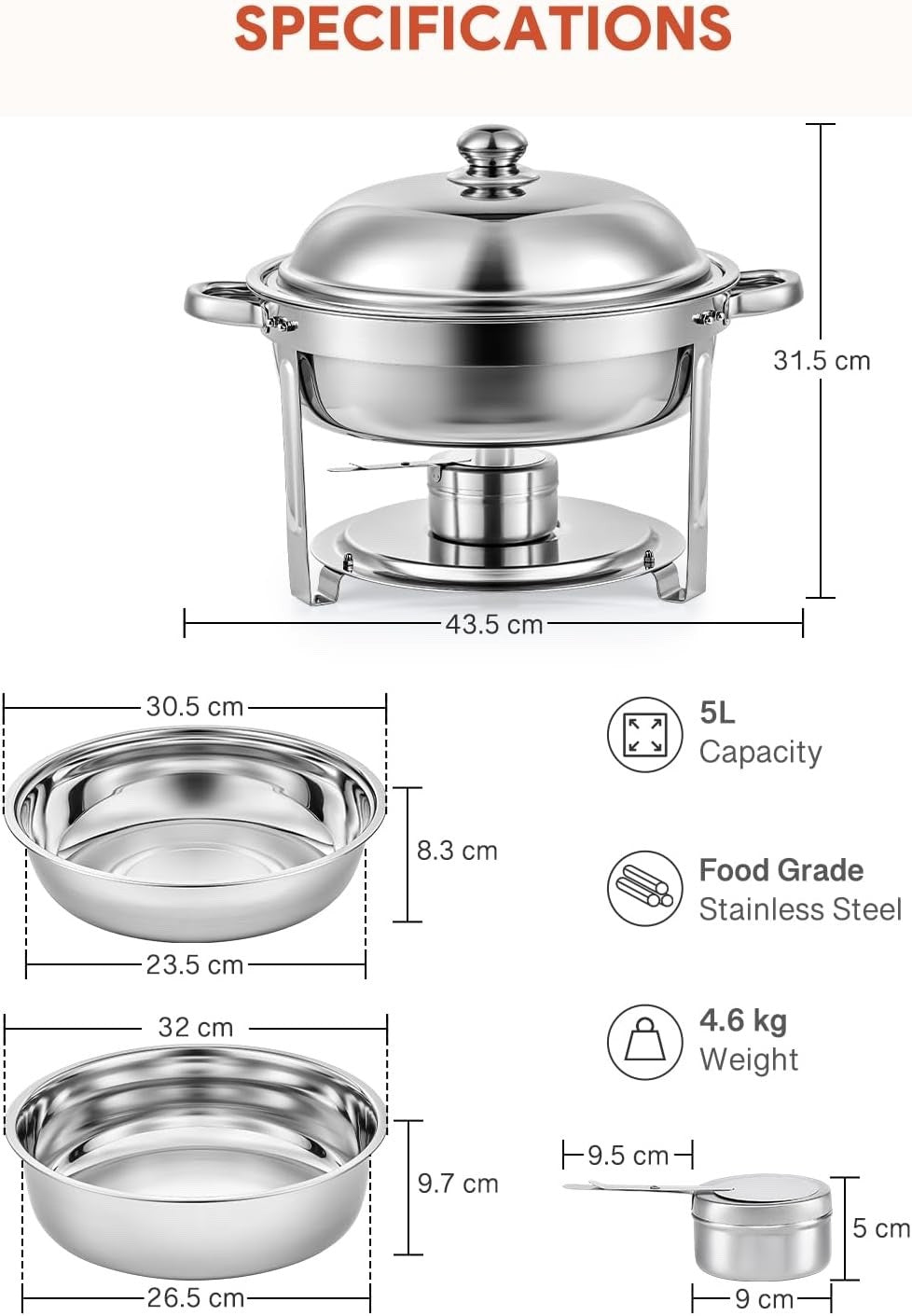 2x 5L Round Chafing Dish Stainless Steel Buffet Food Warmers Catering Set