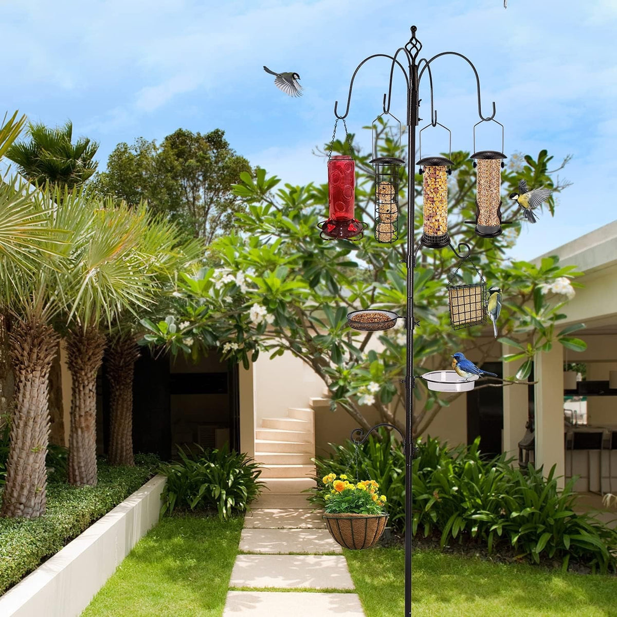 Bird Feeder Feeding Station Pole 231cm 6 Feeders Metal Garden Stand 5 Prong Base