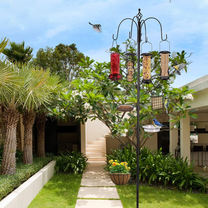Bird Feeder Feeding Station Pole 231cm 6 Feeders Metal Garden Stand 5 Prong Base
