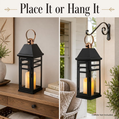 Lantern Candle Holder Vintage Metal Glass 39cm Black Hanging Indoor Outdoor