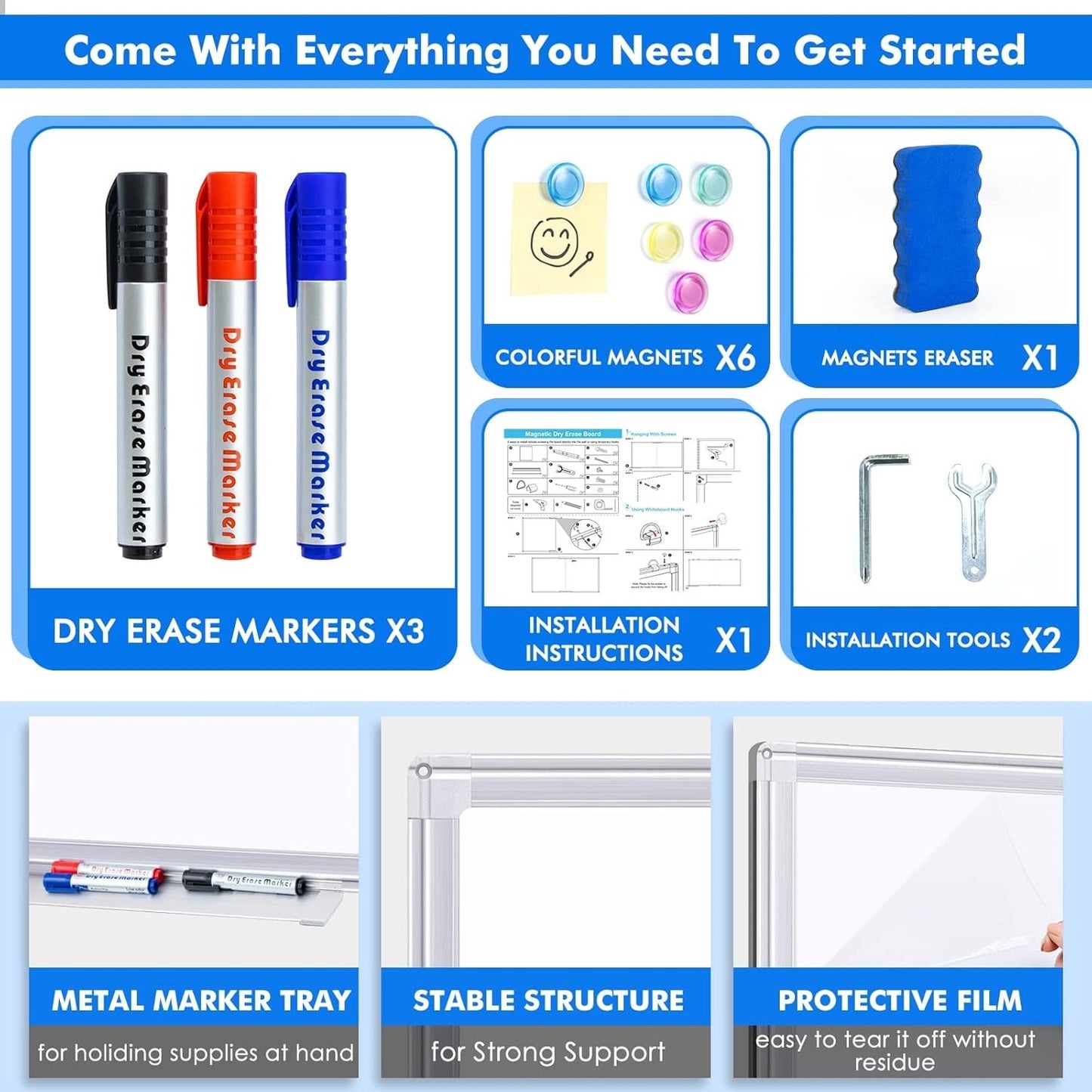 Large Magnetic Whiteboard 180x100cm Wall Mounted Dry Erase Board Alloy Frame