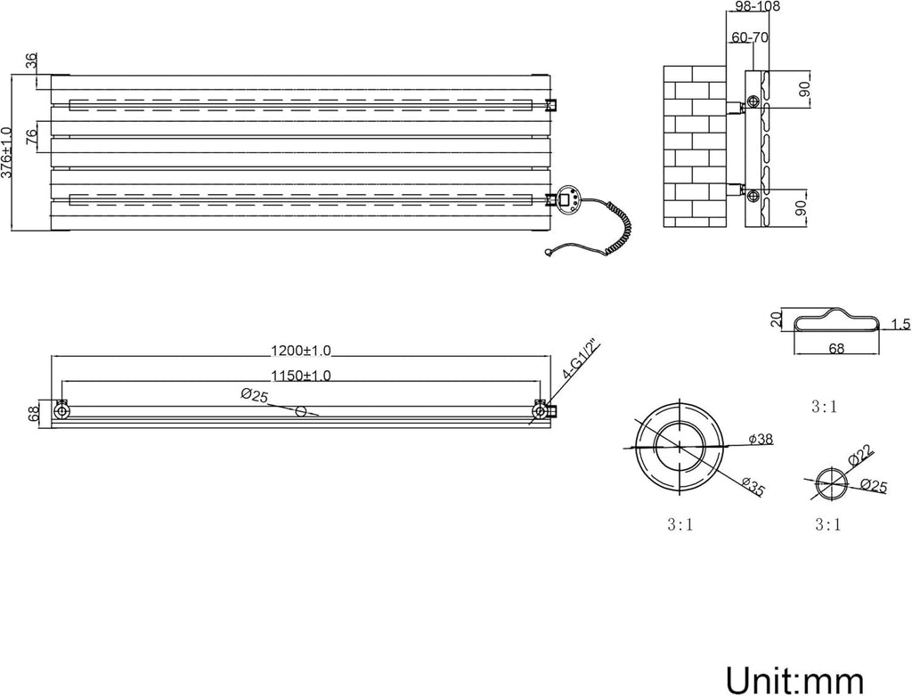800W Smart WiFi Electric Radiator Wall Mounted Panel Heater LCD Timer White