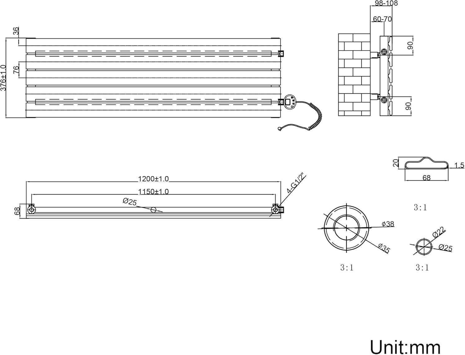 800W Smart WiFi Electric Radiator Wall Mounted Panel Heater LCD Timer White