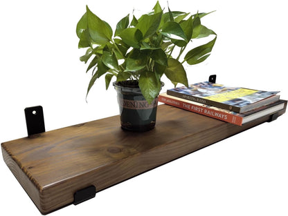Rustic Wooden Floating Shelf Wall Mounted Dark Brown Pine 60cm Black L Brackets