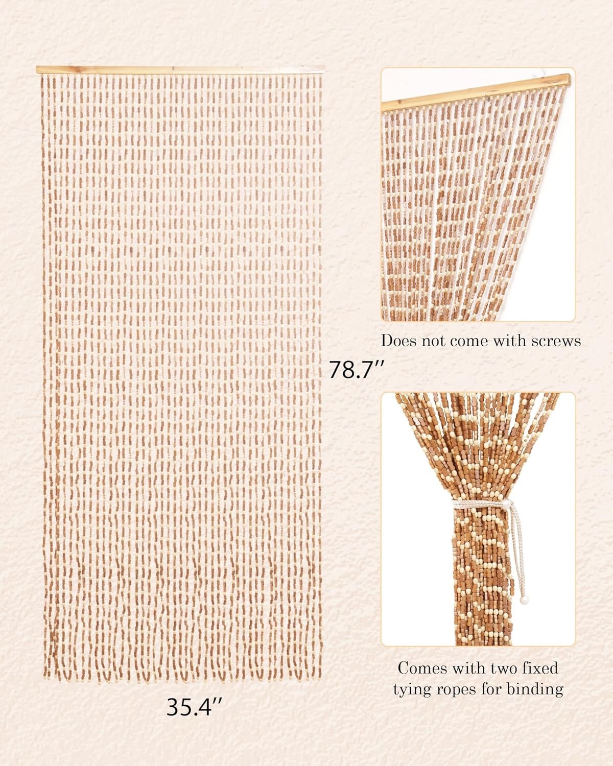 Bamboo Beaded Door Curtain 90x200cm 52 Strands Beige Wooden Fly Screen Doorway