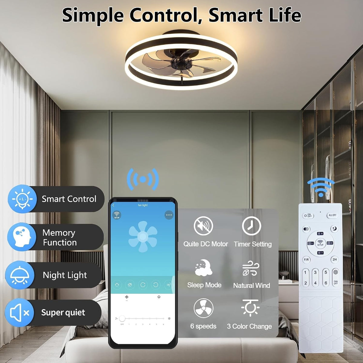 Ceiling Fan Light 60cm 6 Speed Remote Dimmable LED Reversible Quiet White Modern