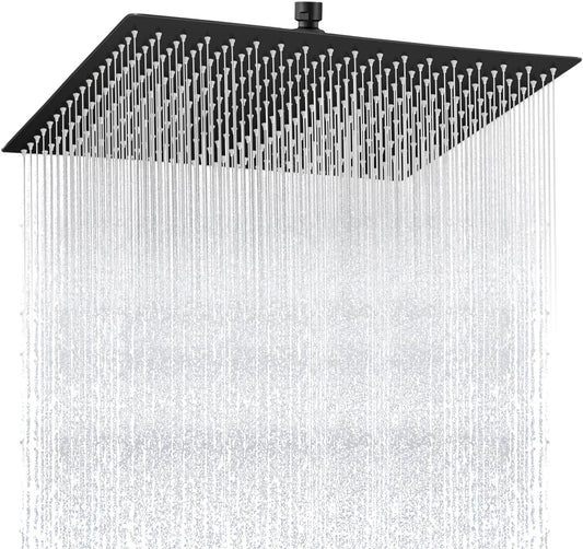 Rainfall Shower Head Square 16 Inch Black Stainless Steel Adjustable Swivel G1/2