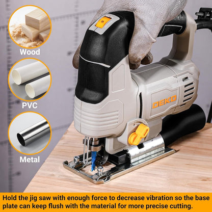 Electric Jigsaw 550W 6 Speed 800-3000SPM 45° Bevel LED 8 Blades Wood Metal