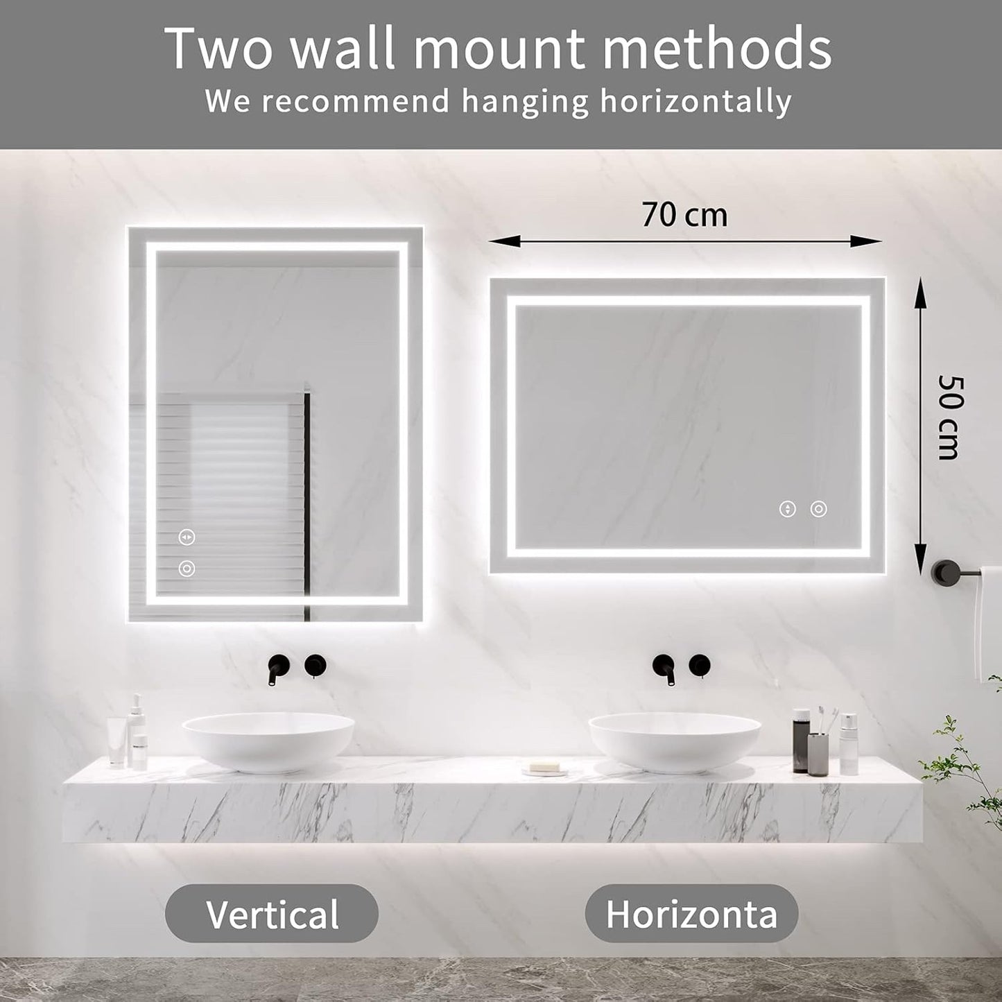 LED Bathroom Mirror 500x700mm Backlit Dimmable 3 Color Demister Wall Mount
