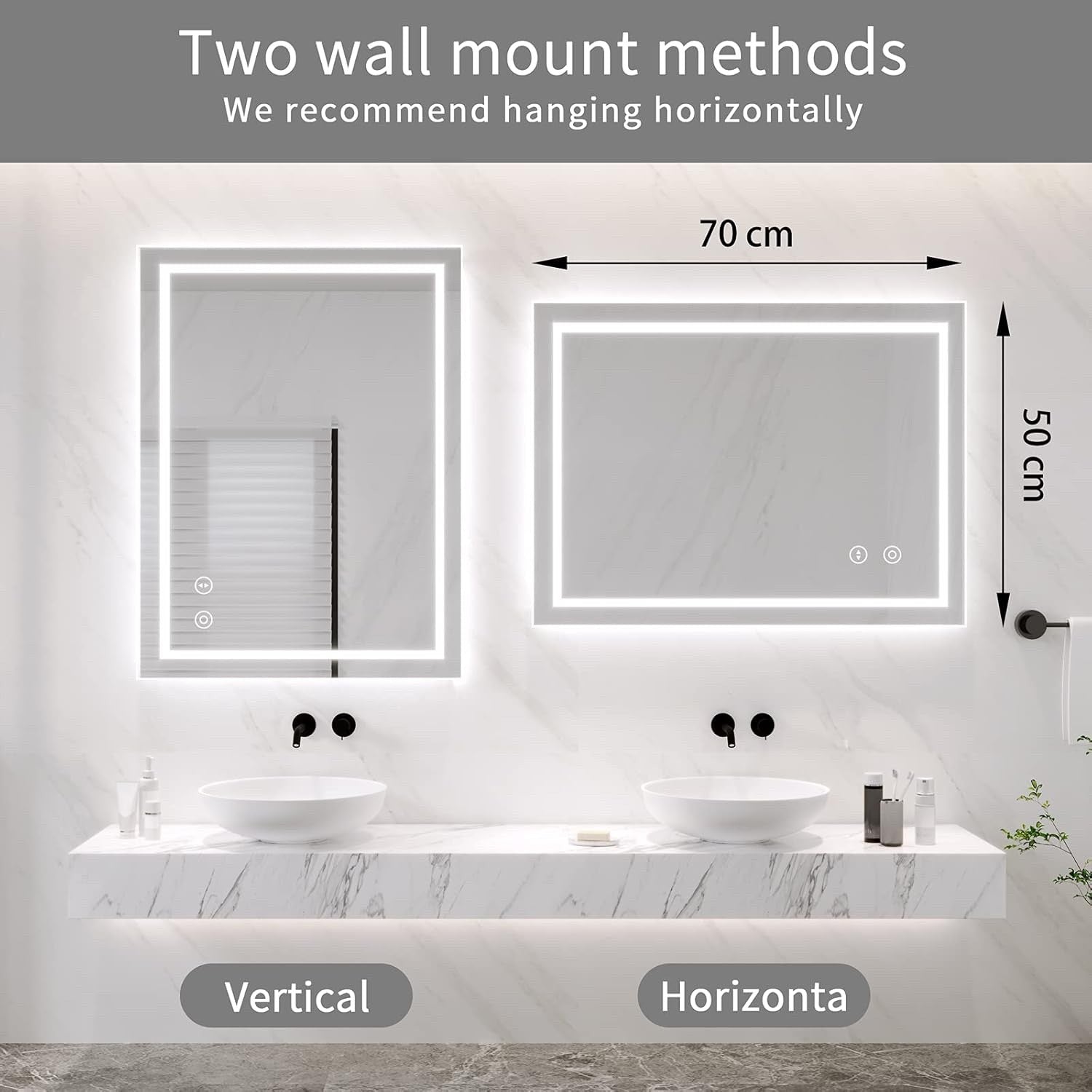 LED Bathroom Mirror 500x700mm Backlit Dimmable 3 Color Demister Wall Mount