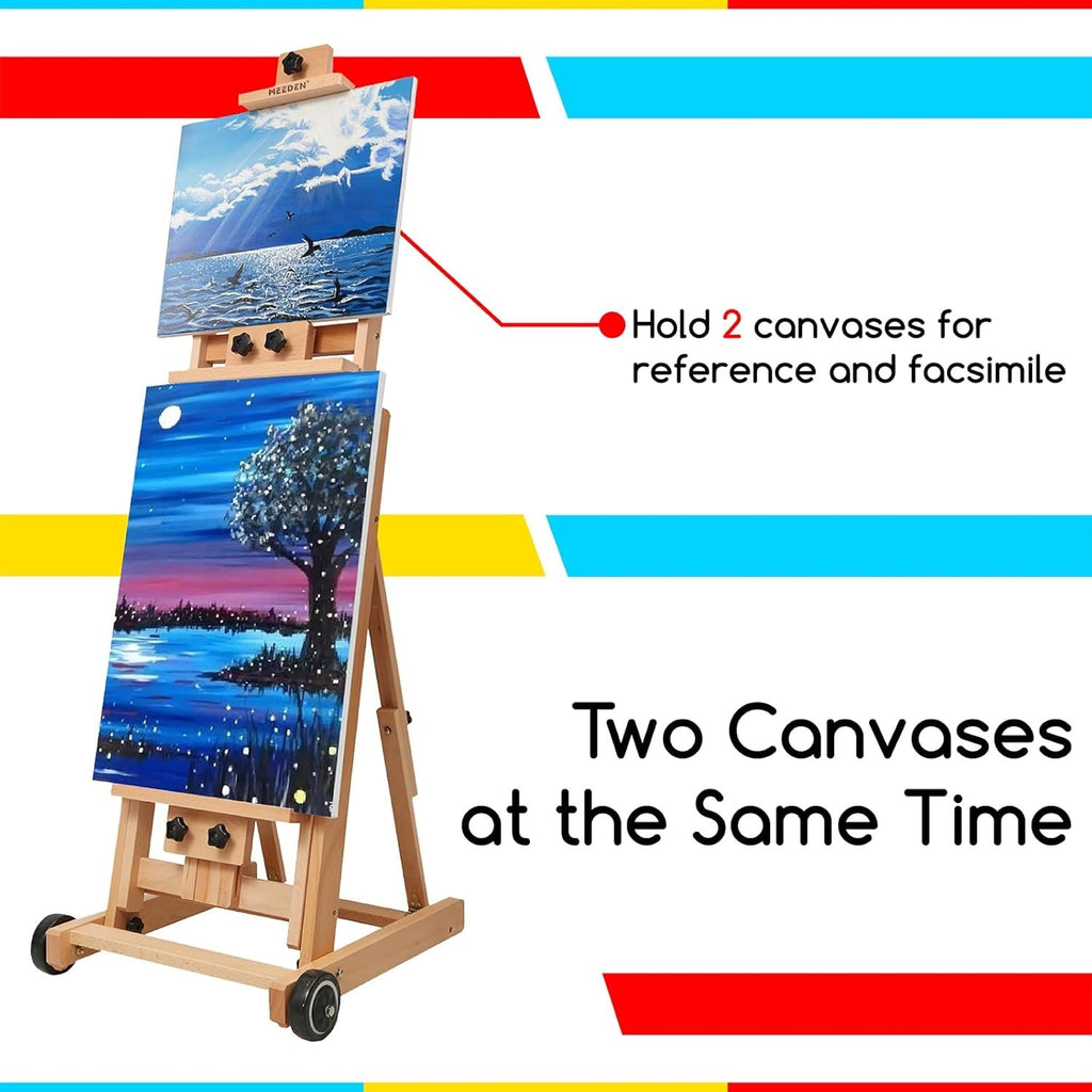 Adjustable Beech H-Frame Easel Stand Tilts Flat All Media Holds 77in Canvas Art