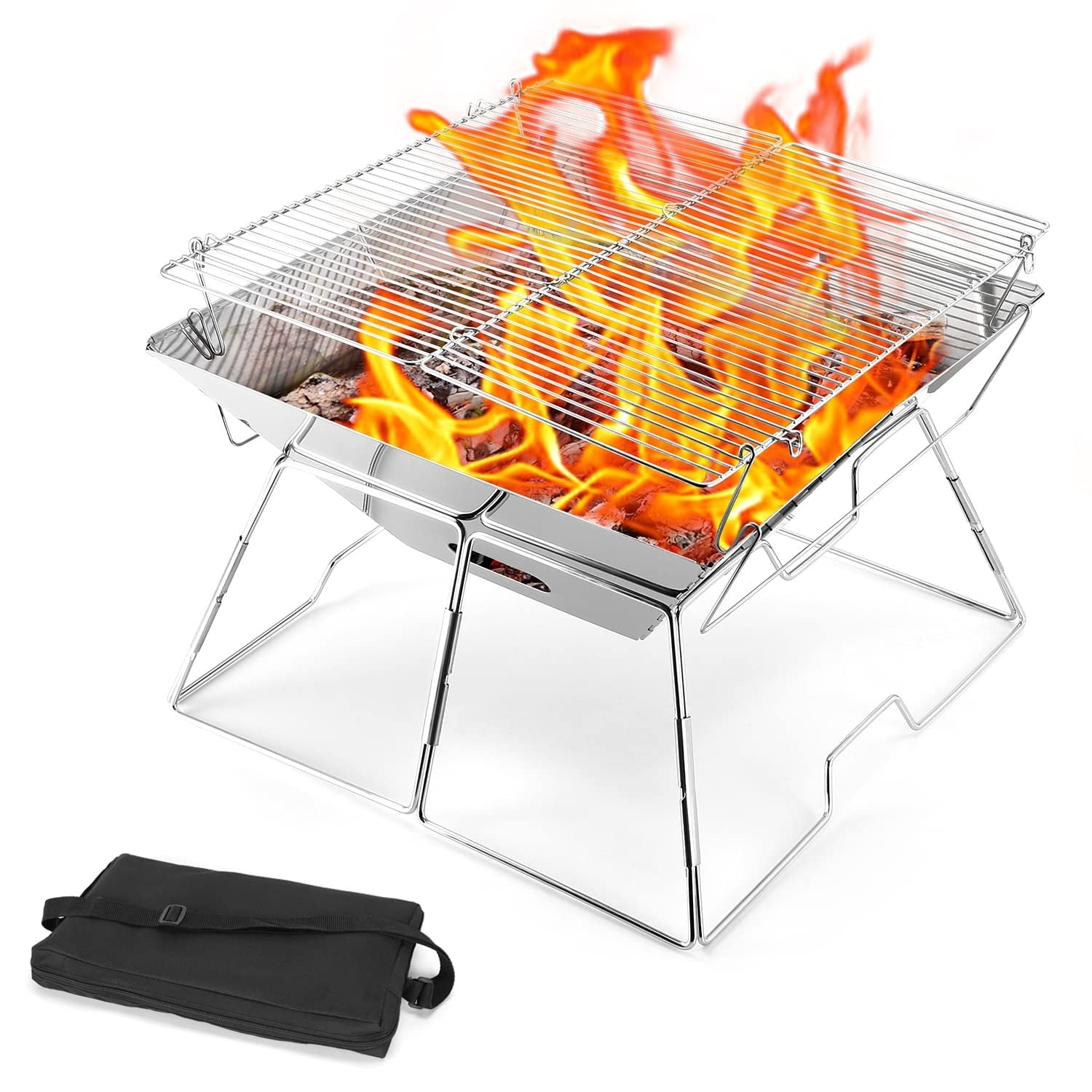 Odoland XL Portable Collapsible Campfire Grill Fire Pit Stainless Steel Outdoor