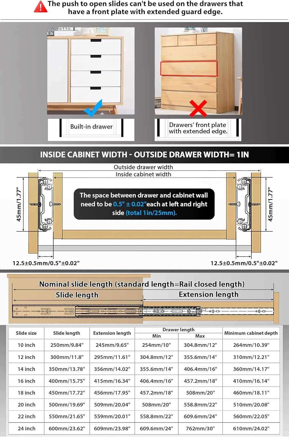 YENUO Push to Open Drawer Runners Full Extension 600mm