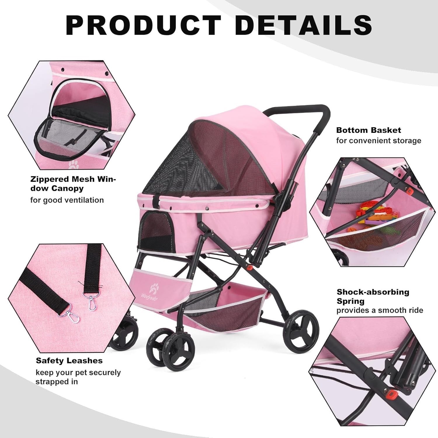 Pet Stroller Foldable Dog Cat Pushchair 360 Wheels Brake Storage Travel Pink