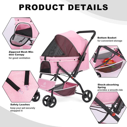 Pet Stroller Foldable Dog Cat Pushchair 360 Wheels Brake Storage Travel Pink