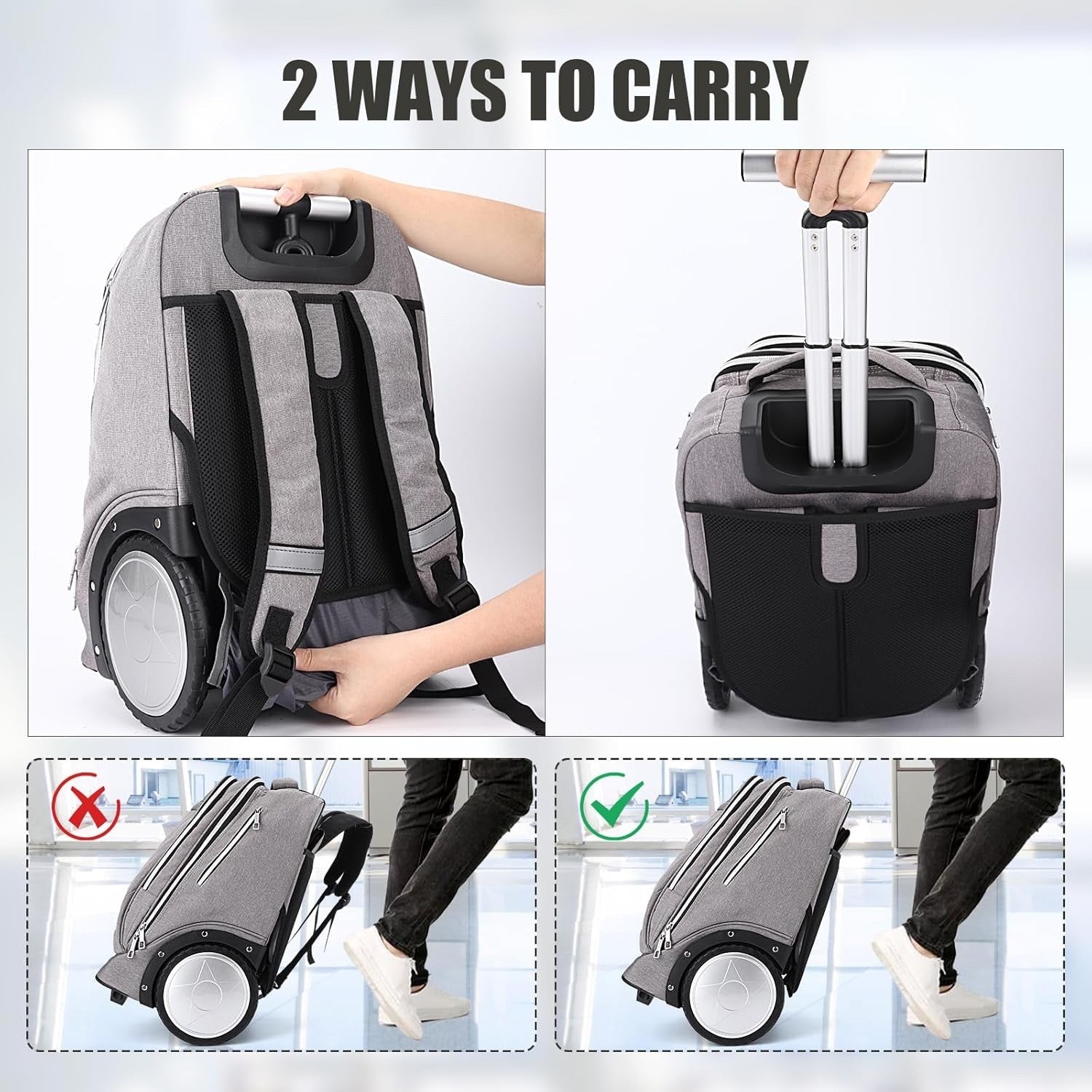 Rolling Backpack Trolley Bag 7in Wheels Laptop Travel Business Carry On Grey