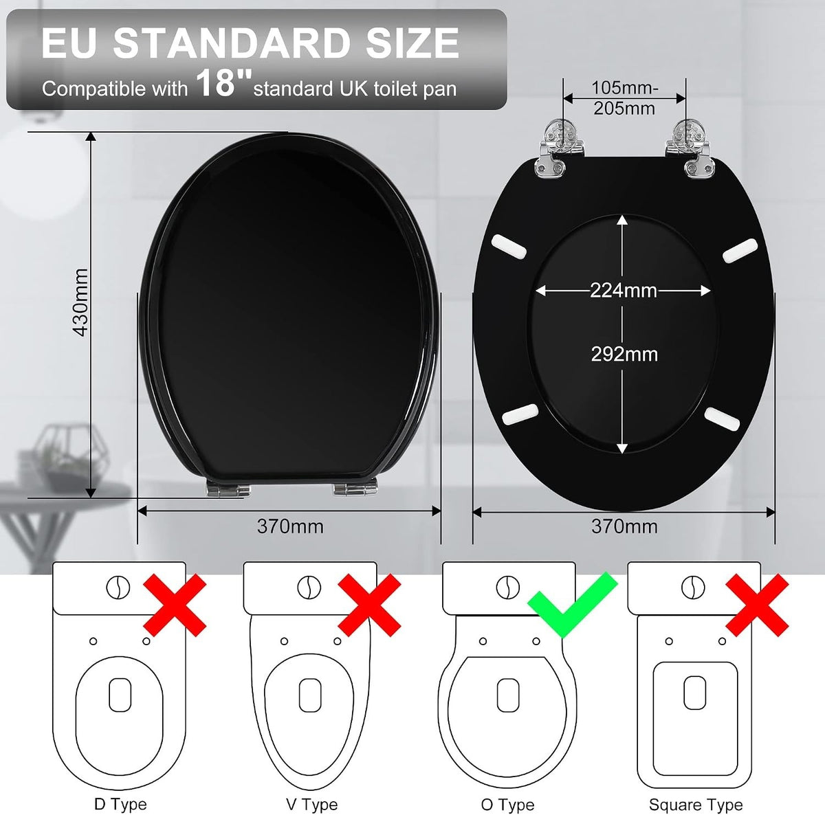 Toilet Seat Soft Close Black Wooden Oval Adjustable Hinges Quick Release 45x37cm