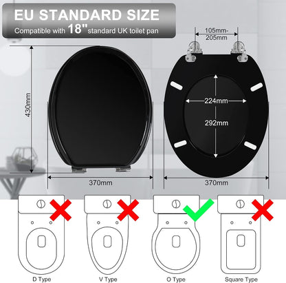 Toilet Seat Soft Close Black Wooden Oval Adjustable Hinges Quick Release 45x37cm