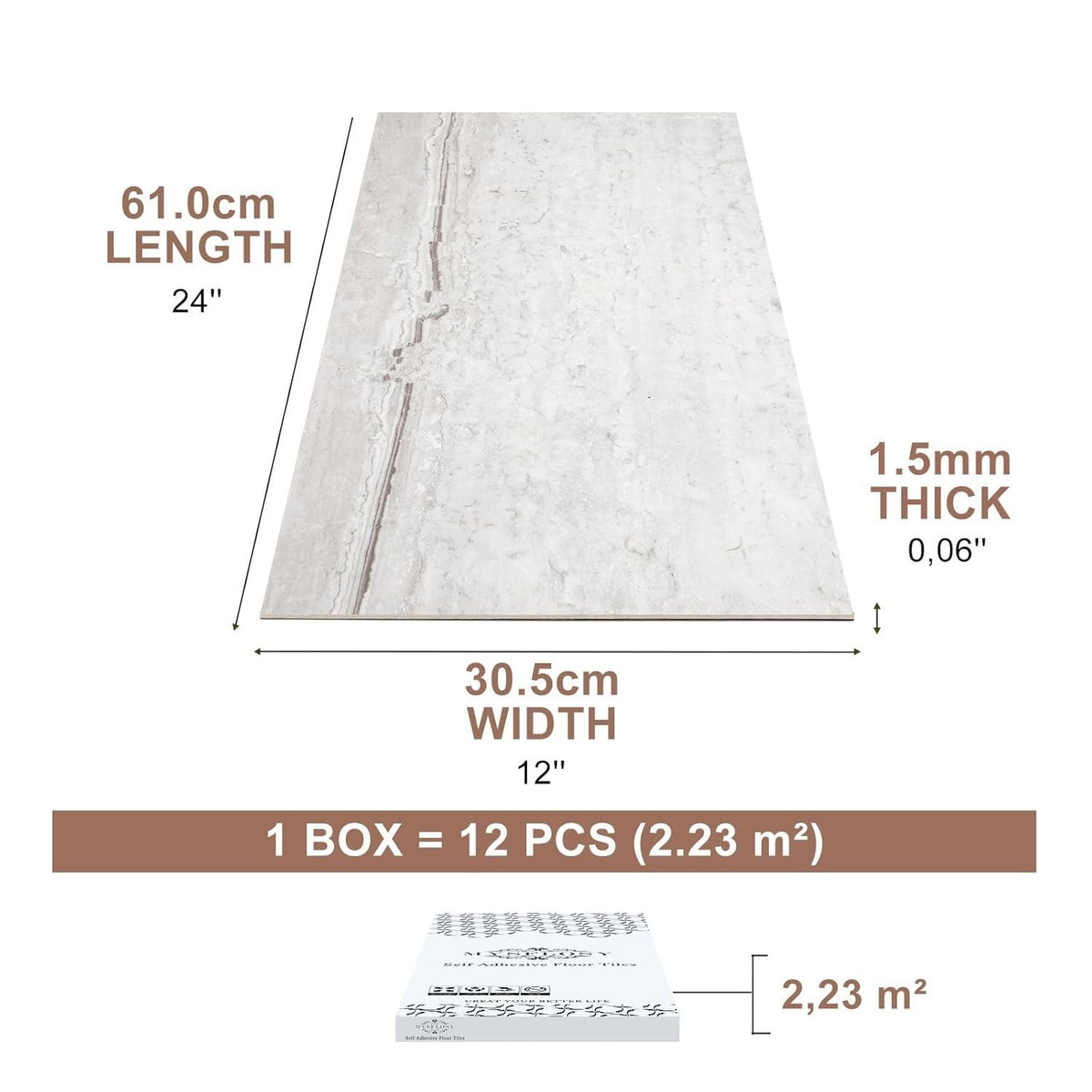 Self Adhesive Vinyl Floor Tiles Stone Effect Natural Travertine 12 Pack 2.23m²