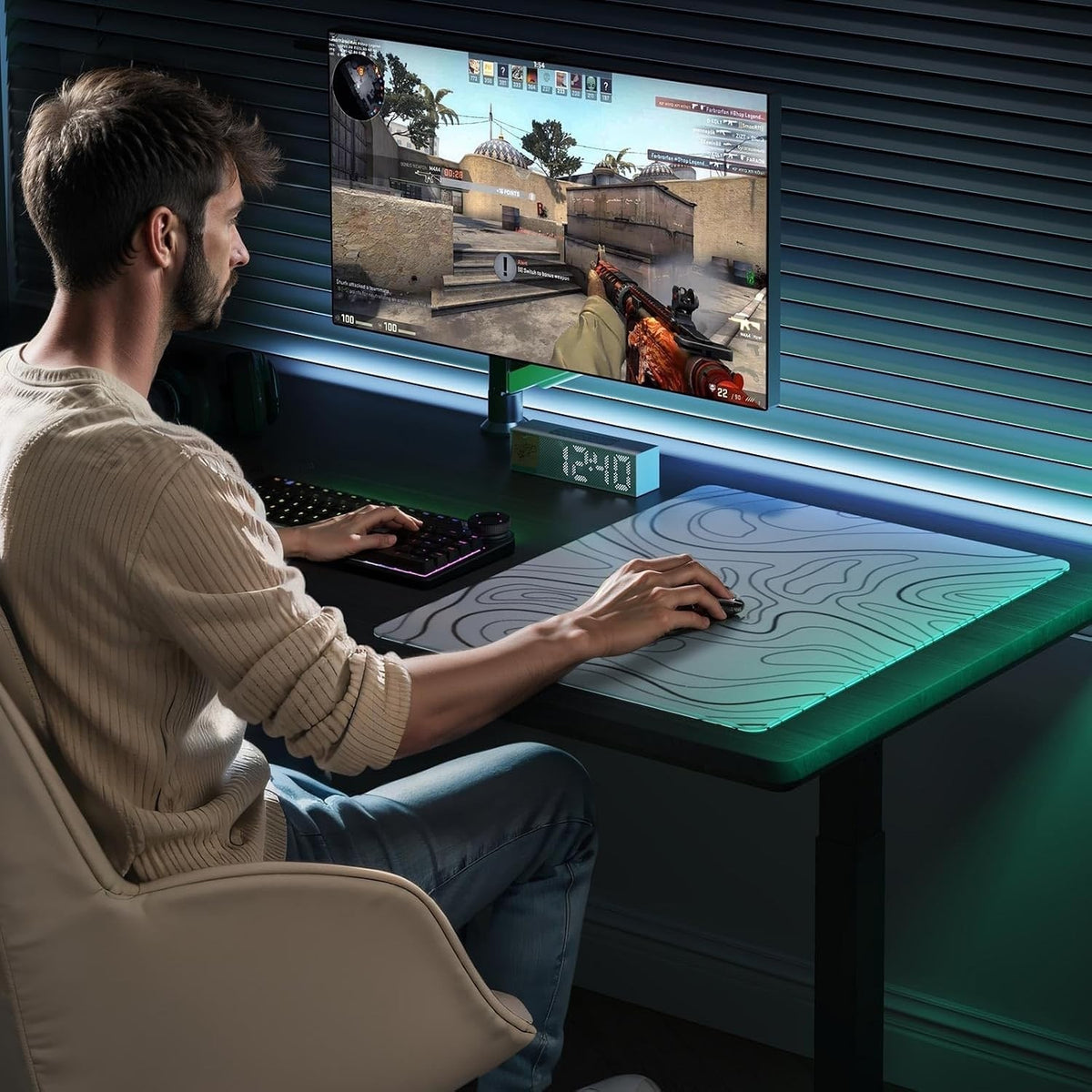 Glass Gaming Mouse Pad Mat 50x40cm White Topographic Non Slip Smooth Surface