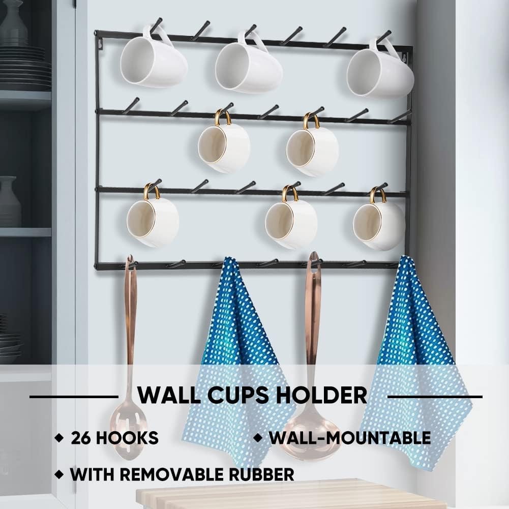 Wall Mounted Mug Holder 4 Tier Wrought Iron Coffee Cup Rack Black