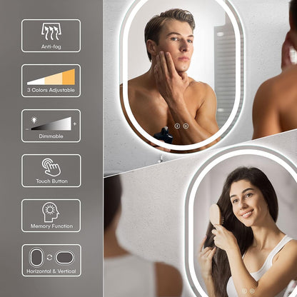Oval LED Bathroom Mirror 50x70cm Dimmable 3 Colour Anti Fog Memory IP44 Backlit