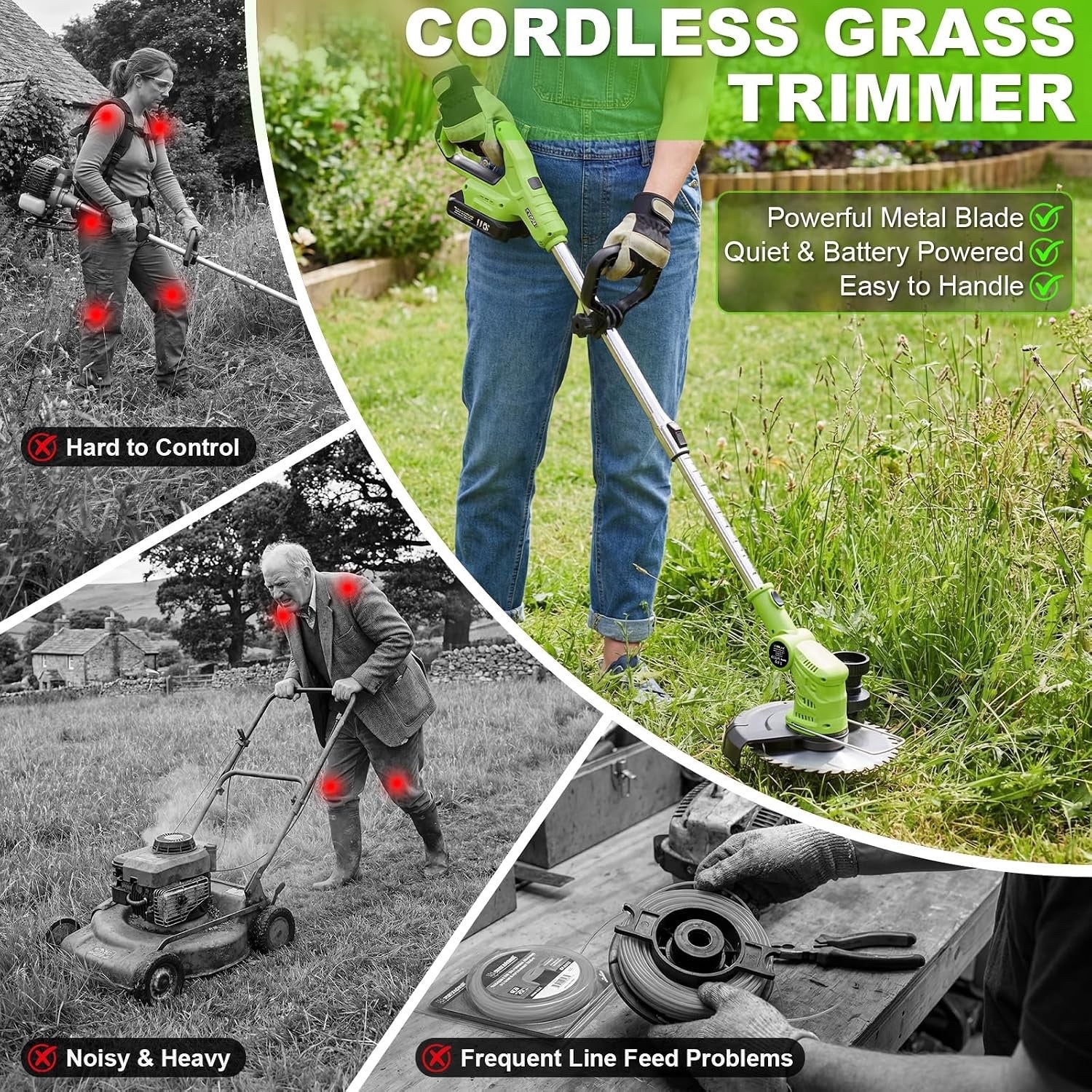 Cordless Grass Trimmer Strimmer Brush Cutter 21V 2 Batteries 4-in-1 Lawn Mower
