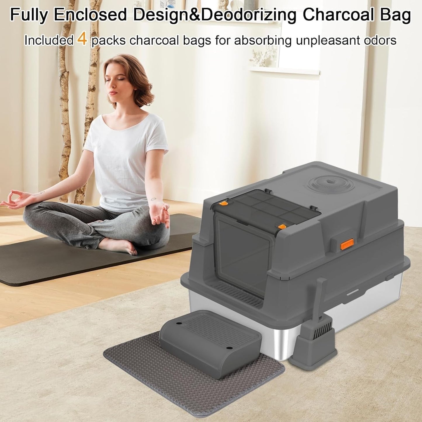 XXXL Stainless Steel Cat Litter Box Enclosed Tray Lid Scoop Mat Odor Control