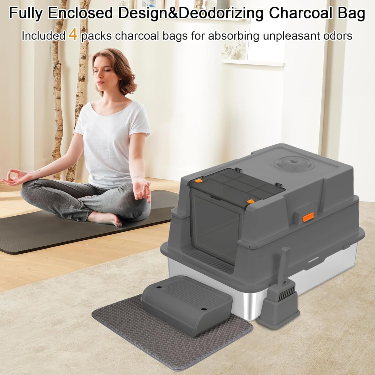 XXXL Stainless Steel Cat Litter Box Enclosed Tray Lid Scoop Mat Odor Control