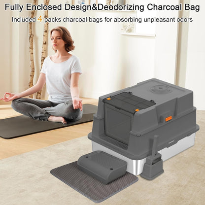 XXXL Stainless Steel Cat Litter Box Enclosed Tray Lid Scoop Mat Odor Control