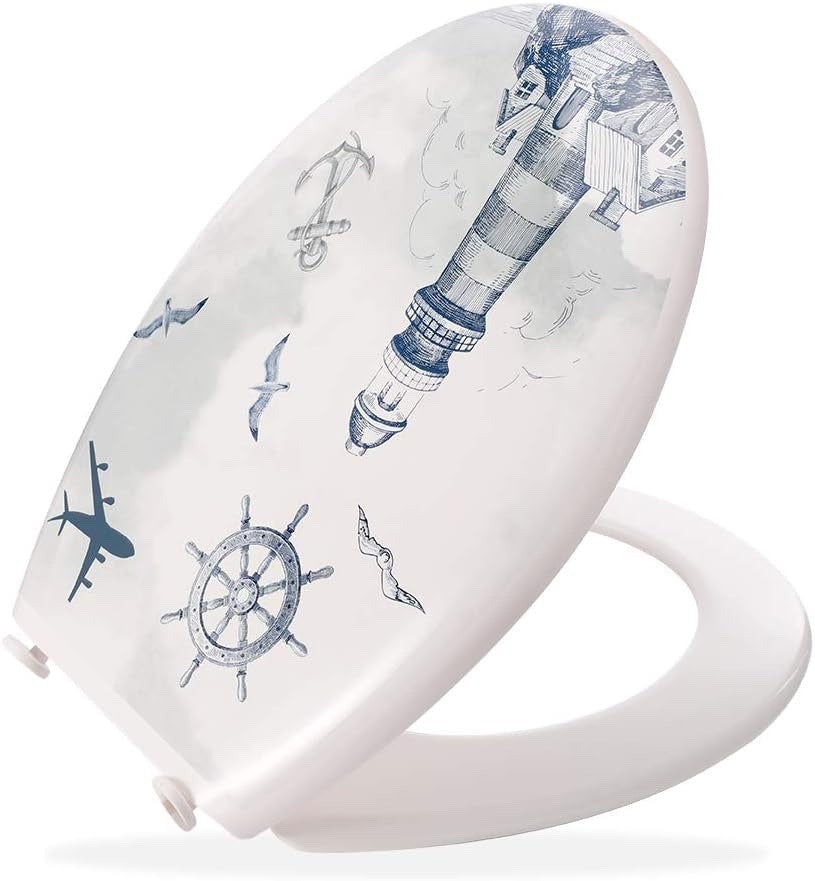 Modern PVC Toilet Seat with Unique Lighthouse Pattern - Easy to Clean, 44x36cm