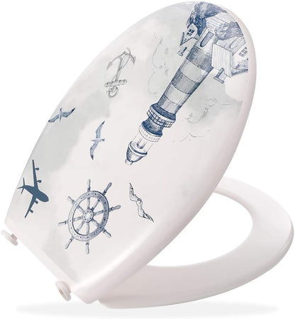 Modern PVC Toilet Seat with Unique Lighthouse Pattern - Easy to Clean, 44x36cm