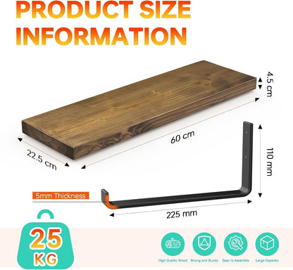Rustic Wooden Floating Shelf Wall Mounted Dark Brown Pine 60cm Black L Brackets
