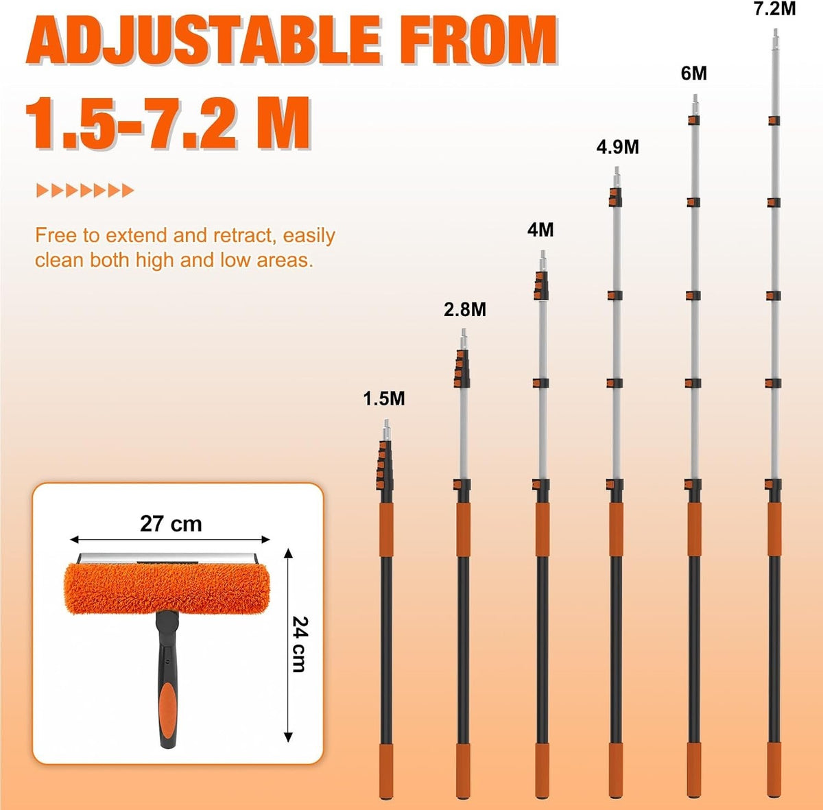 Window Cleaning Pole Telescopic 7.2m Extendable Squeegee 2 in 1 Microfibre Kit