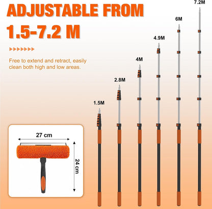 Window Cleaning Pole Telescopic 7.2m Extendable Squeegee 2 in 1 Microfibre Kit