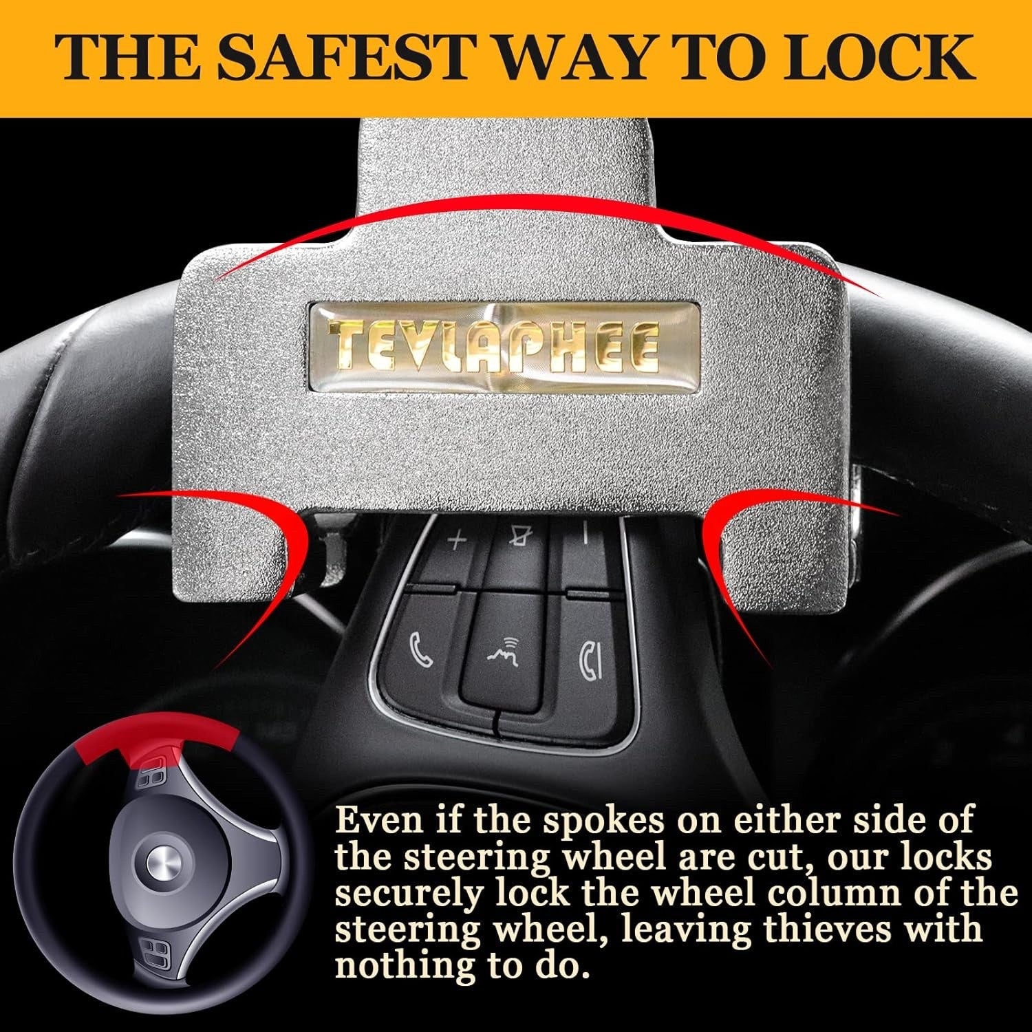 Tevlaphee Steering Wheel Lock with 120dB Alarm Anti-Theft Car Security Device